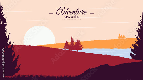 Vector illustration. Flat style landscape. Field with silhouette trees and grass. Sunset. River with hills. Design for wallpaper, background, banner, touristic card.