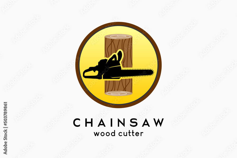 Woodcutter or sawmill logo design, chainsaw silhouette combined with tree cut icon in a circle Woodcutter or sawmill logo design, chainsaw silhouette combined with tree cut icon in a circle