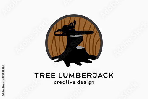 Logo design for loggers or sawmills, silhouettes of chainsaws combined with tree icons on a wood motif background