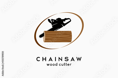 Woodcutter or sawmill logo design, chainsaw silhouette combined with tree cut icon in an oval