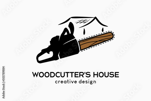 Logo design for a logger or a sawmill house, a chainsaw silhouette combined with a house icon in a creative concept