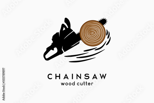 Logo design of a logger or sawmill logo, a chainsaw silhouette combined with a deep cut tree icon in a creative concept