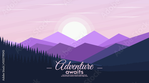 Morning landscape. Vector illustration in flat style. Forest and hills with mountains and sun. Design for wallpaper, banner, touristic card.