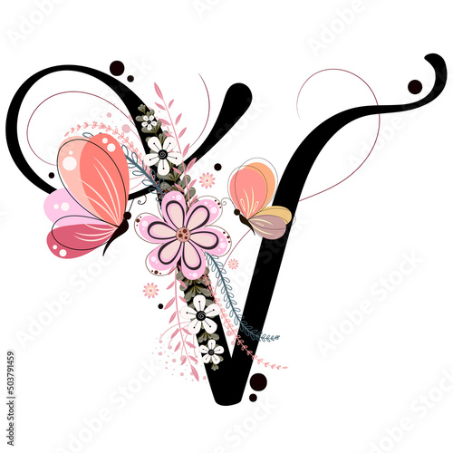 Alphabet letter V vector with flowers, butterfly and leaves. Collection Ornament letters. Illustration letter  V Anniversary	

