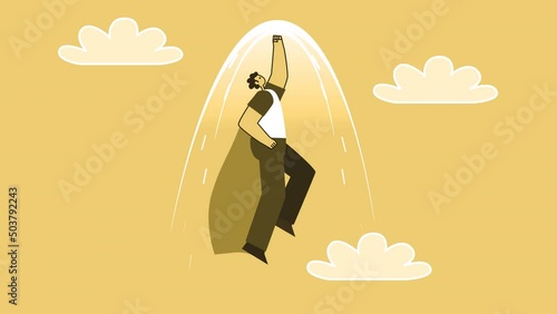 Yellow Style Man Flat Character Superhero Flies Up. Isolated Loop Animation with Alpha Channel