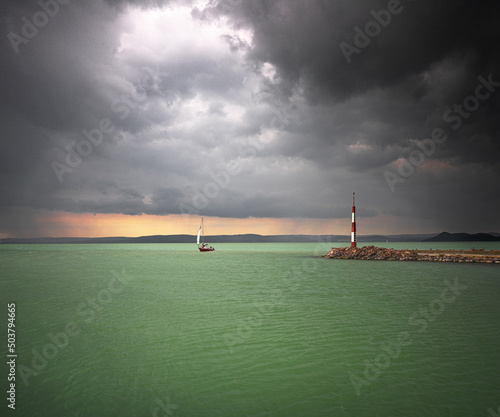 Sailboat in the storm at lake Balaton, Hungary