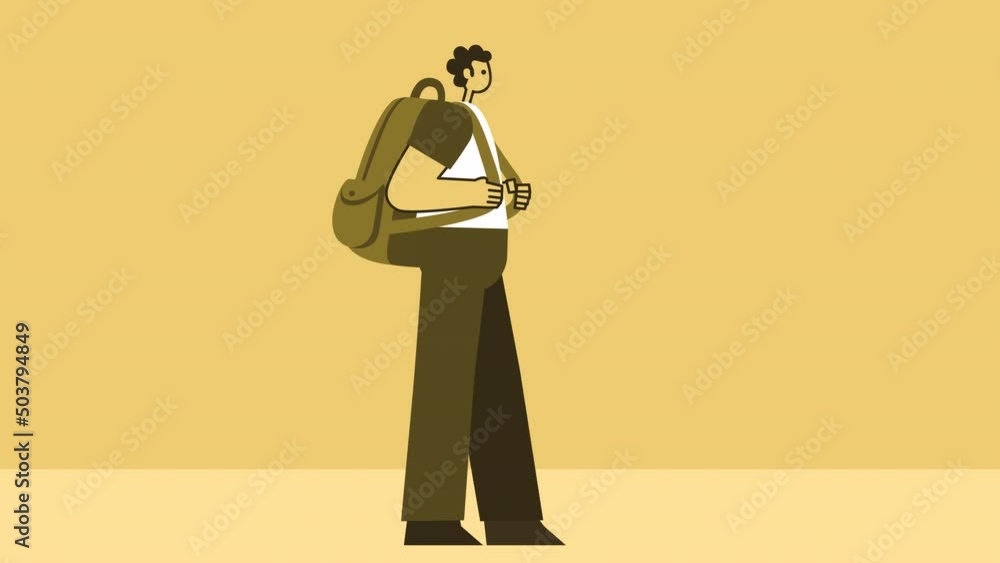 Yellow Style Man Flat Character Walking Hiking with Backpack. Isolated Animation with Alpha Matters Yellow Style Man Flat Character Walking Hiking with Backpack. Isolated Animation with Alpha Matters