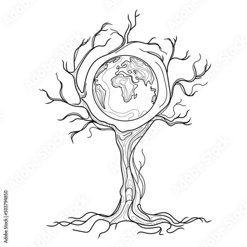 Ecological concept.World globe entwined with branches of dry dead tree line art abstract vector illustration.Global warming.Climate change concept.Save planet Earth.