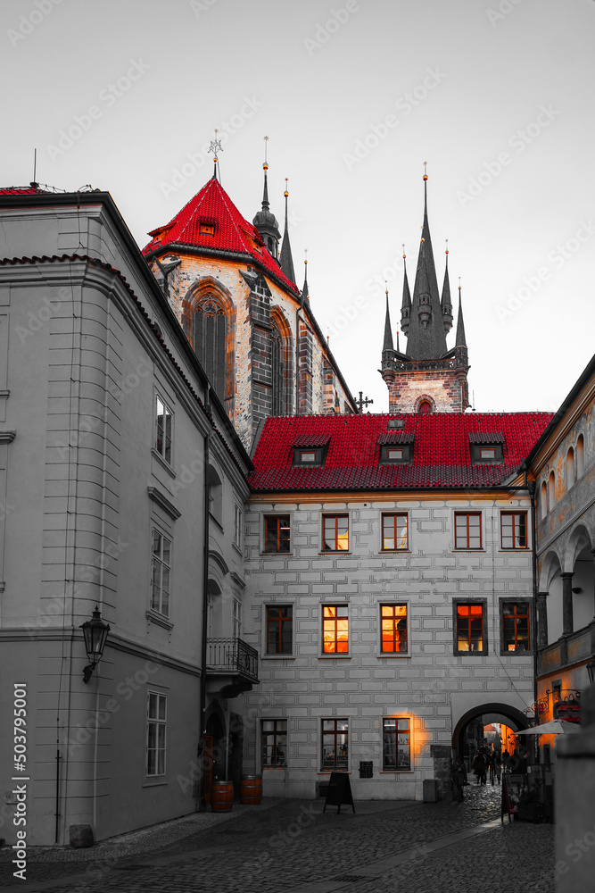 Fototapeta premium Tyn Yard, Tynsky dvur, Ungelt, Old Town, Prague, Czech Republic. View of the Tyn Church from the courtyard