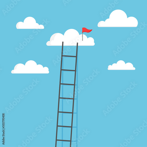 Ladder leading to cloud with red flag. Target and achievement concept. Vector illustration isolated on white background.