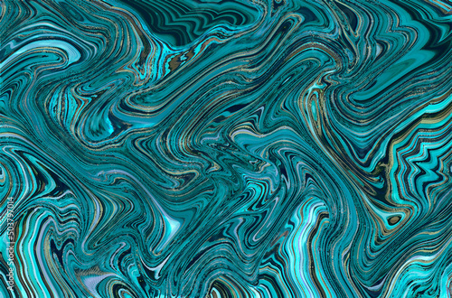 Abstract background imitating the marble texture of a stone in blue colors with gold veins.