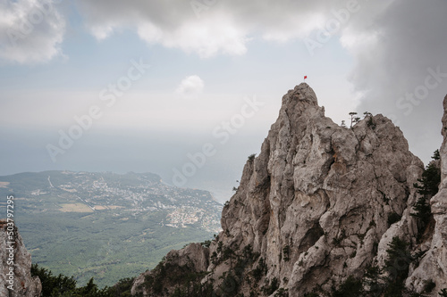The top of Ai-Petri Mountain in Crimea rises above the sea in Yalta
