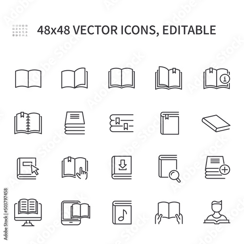 Simple vector line icons. On the theme of the book, contains such icons as organizer, training, e-book, audiobook and more.