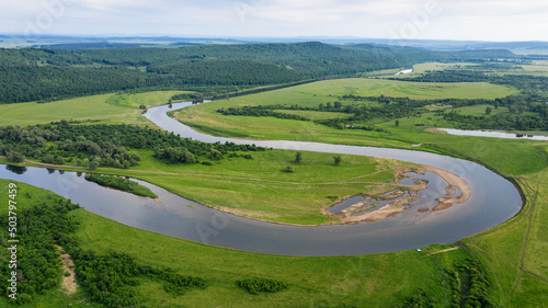 The Southern Urals, Bashkiria, the Ai River. Aerial view.