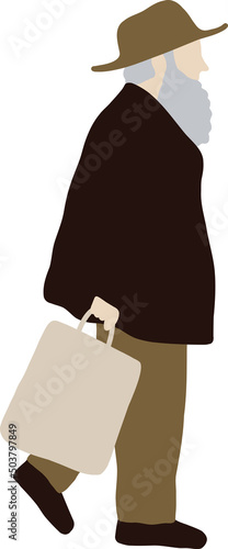 A gray-haired grandfather in a hat goes to the store with a bag