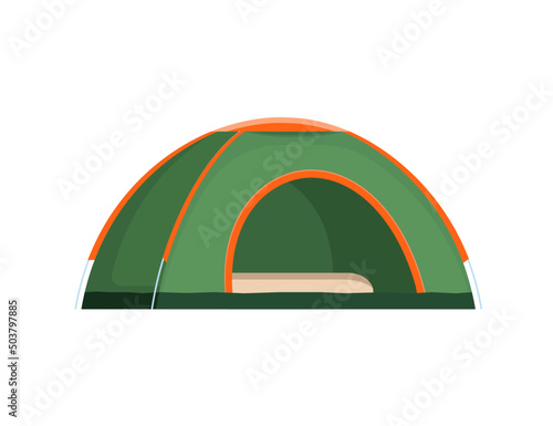 Green Camping Dome Tent vector illustration. Tent in green and orange. Isolated Outdoor illustration. Hiking, hunting, fishing canvas. Tourist Tent design over white background.