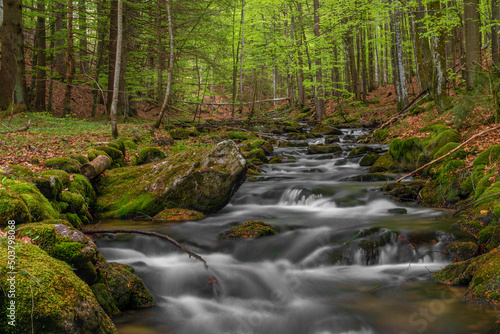 Pommerbach creek in spring cloudy evening near Buchenau village