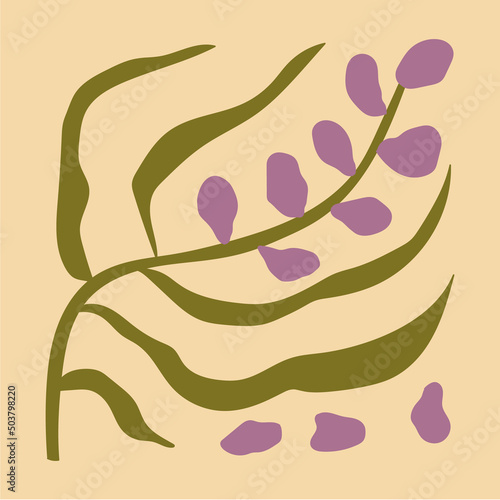 Abstract pea flower poster in groovy trippy funky style. Organic shapes aesthetic wall art in trendy earth tone pallete. Curvy psychedelic summer floral decoration.