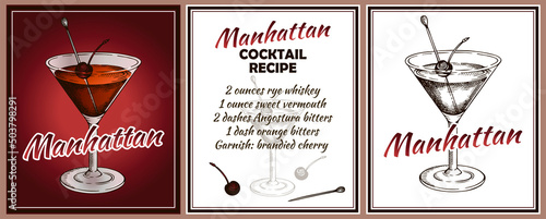 Outline drawing card of Manhattan cocktail in glass with brandied cherry isolated on red and white background. Sketch hand drawn alcohol drink. Bar menu. Beverage, cocktail recipe. Vector illustration