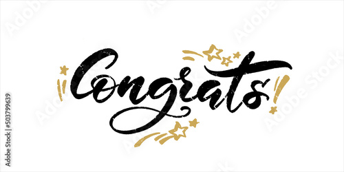 Congrats brush hand lettering, isolated on white background with stars. Vector typography illustration.