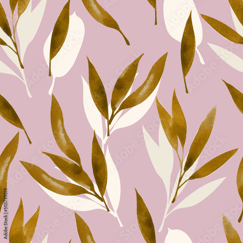 Seamless pattern with watercolor turquoise leaves.