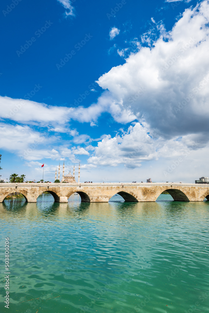 Stone bridge (Taşköprü in Turkish) in Adana, Turkey. The bridge is historically known as Ponte Sarus and a Roman bridge spanning the Seyhan River in Adana.