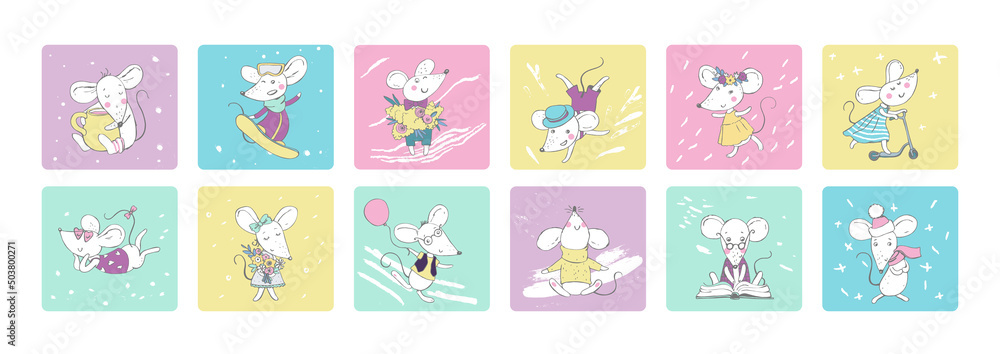 set of vector illustrations of cute mice