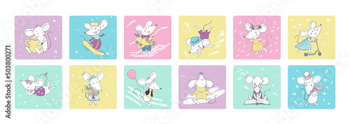 set of vector illustrations of cute mice