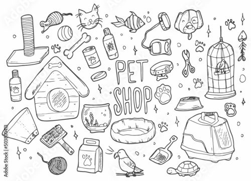 Pets shop doodle set. Collection of hand drawn sketches templates patterns of bird cages dogs food and collars cat litters and toys on transparent background. Domestic animal care illustration.