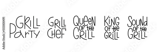 Barbecue, grill tools with handwritten lettering sign outline set. Editable stroke. Vector stock illustration isolated on white background for design packaging, logo, menu in restaurant.
