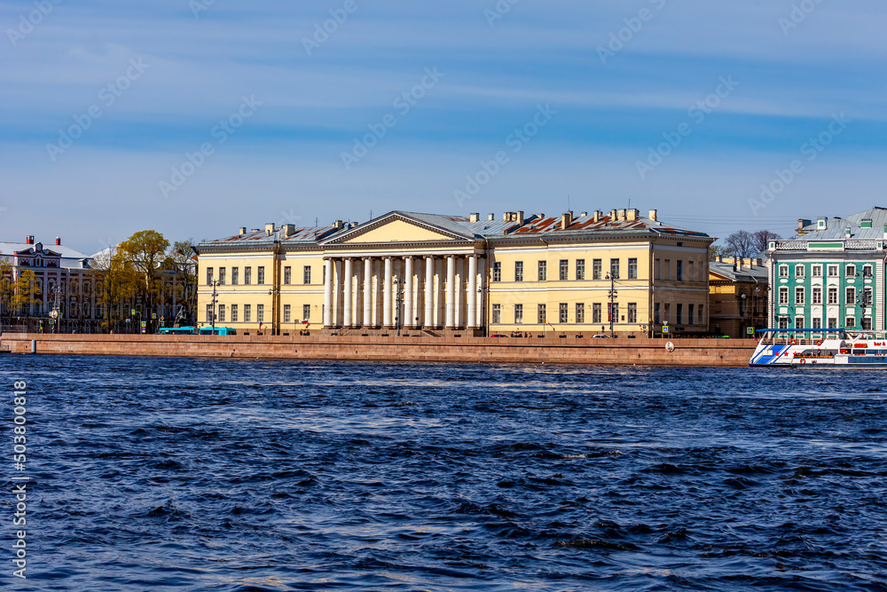 St. Petersburg, Russia, May 10, 2022. View of the Neva River and embankment. St. Petersburg, Russia, May 10, 2022. View of the Neva River and embankment.