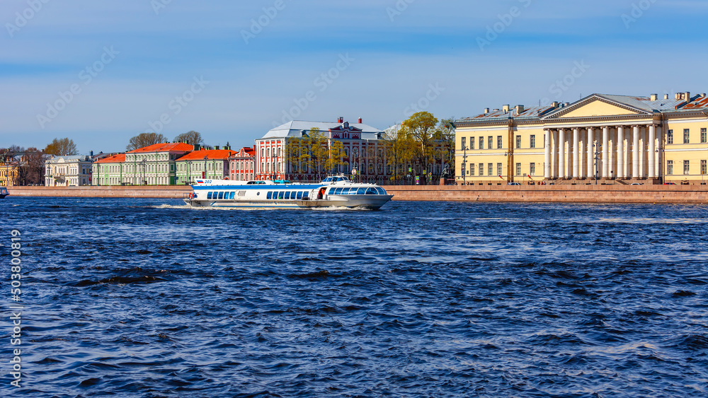 St. Petersburg, Russia, May 10, 2022. View of the Neva River and embankment.