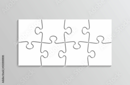 Thinking puzzle game. 8 pieces jigsaw outline grid. Thinking game with separate shapes. Simple mosaic layout. Modern puzzle background. Laser cut frame. Vector illustration.