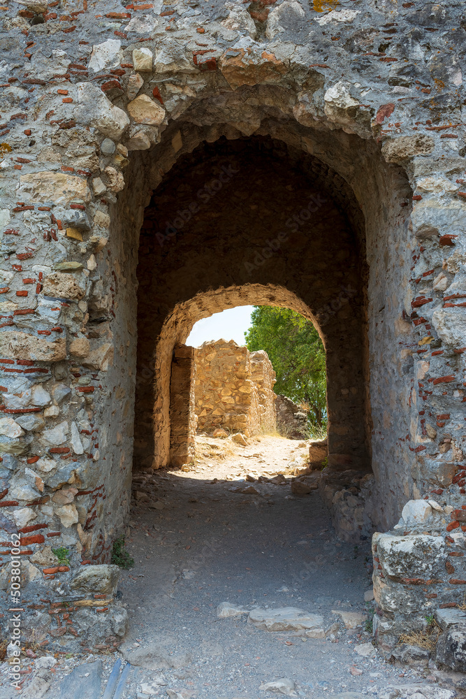 Stone ruins buildings at mystras town, Peloponnese, Greece