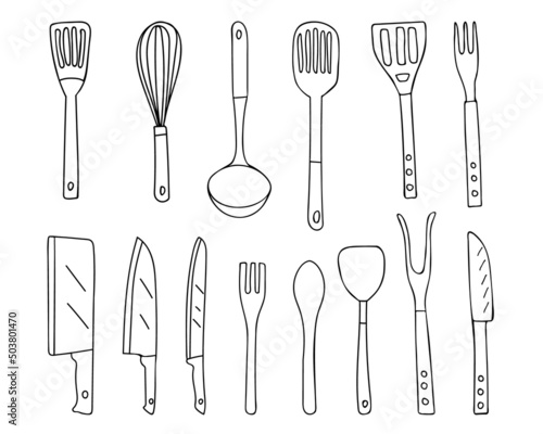 Cutlery set in vector. Hand drawn cutlery collection in vector. Doodle cultery set in vector. Eating utensils set.