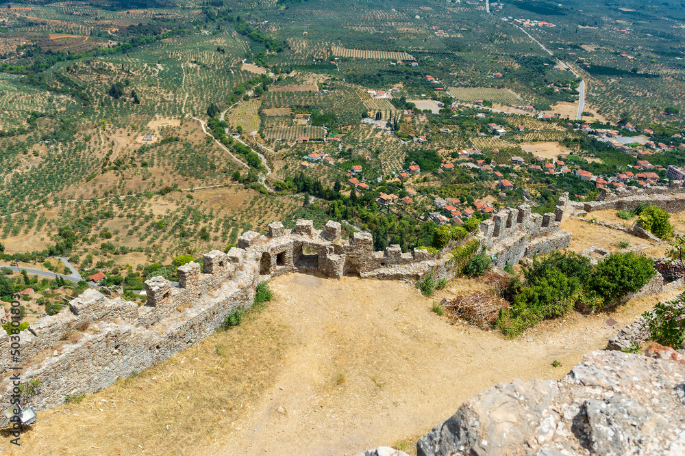 Stone ruins buildings at mystras town, Peloponnese, Greece