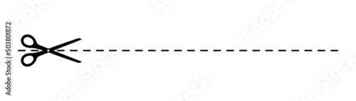 Scissor with dash cut line. Dot marks voucher. Black shear crop border on white coupon background. Vector illustration.