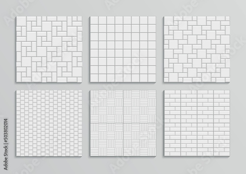 Paved floor pattern. Set slab pavement. Street seamless print. Paver tile patio. Old stone surface. Garden mosaic texture. Decorative cobblestone background. Cement brick backdrop. Vector illustration