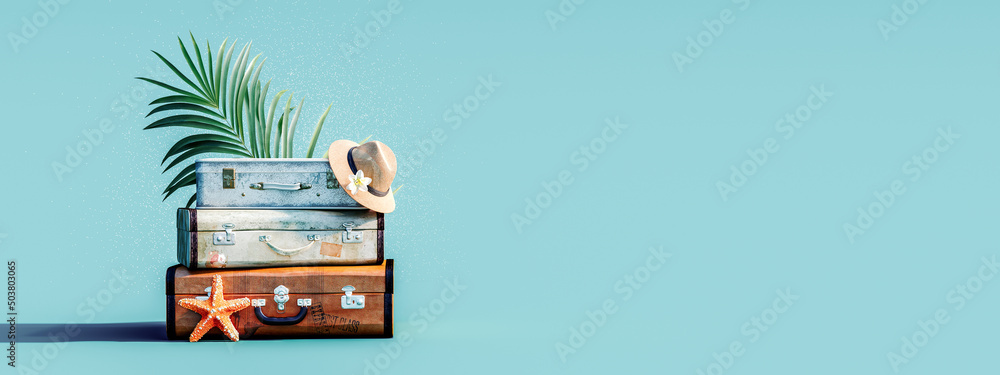 Stacked luggage with palm leaf on turquoise blue background 3D