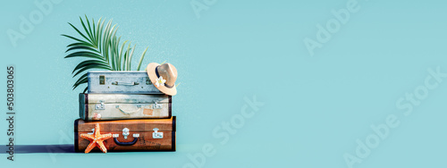 Canvas Print Stacked luggage with palm leaf on turquoise blue background 3D Rendering, 3D Ill