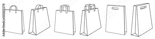 Set of shopping bags icon in thin outline, monoline style
