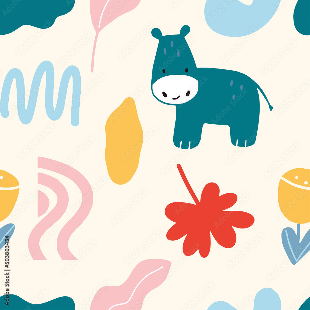 Seamless pattern with little cute hippo, flower, leaf and freeform doodle objects on white background modern abstraction