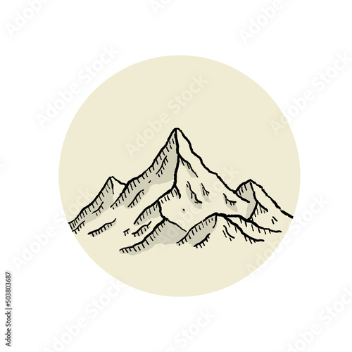 Mountains in engraving style. Logo of highlands landscape and peak in circle. Hand drawn design. Rocky ridge.