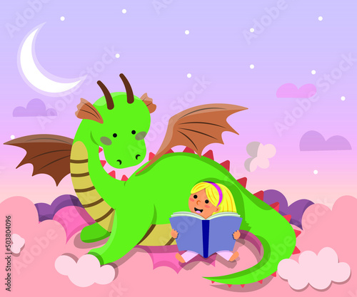A girl is dreaming with dragon. Children s dream with a dragon reading a book. Flat vector illustration of dragon and girl. 