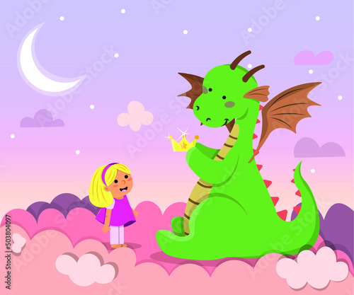 A girl is dreaming with dragon. Children s dream with a dragon giving a crown. Flat vector illustration of dragon and girl. 