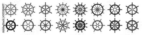 Collection of vintage steering wheels. Ship, yacht retro wheel symbol. Nautical rudder icon. Marine design element. Vector illustration