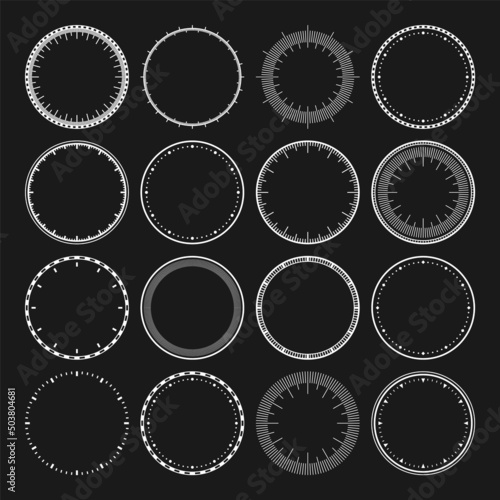 Mechanical clock faces, bezel. White watch dial with minute and hour marks. Timer or stopwatch element. Blank measuring circle scale with divisions. Vector illustration.