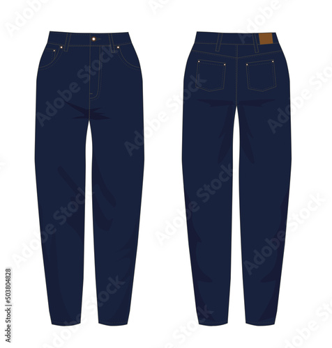 Vector technical sketch of mom jeans.
Front and back view.