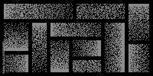 Pixel disintegration, decay effect. Various rectangular elements made of square shapes. Dispersed dotted pattern. Mosaic texture with simple particles. Vector illustration.