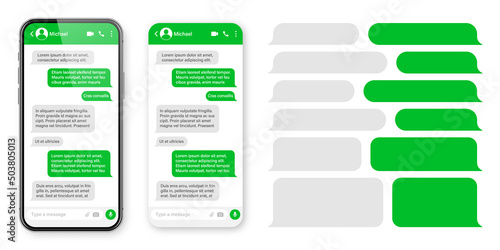 Realistic smartphone with messaging app. Blank SMS text frame. Conversation chat screen with green message bubbles. Social media application. Vector illustration.